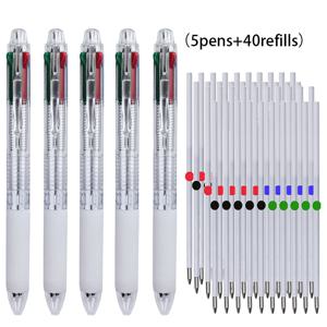 TEMU LCOMMO 5펜 & 40리필 투명 4-in-1 멀티컬러 볼펜 세트, 0.5mm 팁, 검정/파랑/빨강/초록 잉크 - 교체 가능 리필, 학교, 사무실, 다이어리, 플래너용 미세 필기용 펜 (리필 호환 가능)