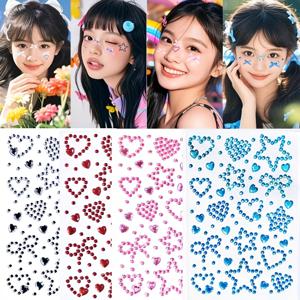 TEMU 메이크업, 네일, 눈가 장식을 위한 반짝이는 별과 하트 라인스톤 스티커 4개 세트 – 장식을 위한 3D 글리터 리본 디자인 라인스톤 페이스 스티커