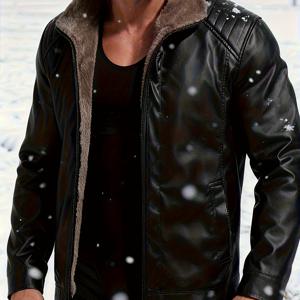 TEMU 피어슨 OBM 남성용 스탠드 칼라 PU 가죽 재킷, 빈티지 풀지퍼 겨울 코트, 우수한 보온성, 겨울 외출 및 라이딩에 이상적. 퀼팅 디테일과 안감으로 따뜻함과 스타일 완성|빈티지