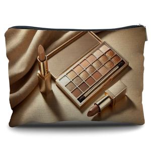 TEMU 샴페인 골드 아이섀도우와 웜 누드 립스틱이 특징인 휴대용 린넨 메이크업 가방은 화장품 및 도구 정리를 위한 완벽한 아이템이며, 모든 뷰티 매니아를 위한 필수품입니다.