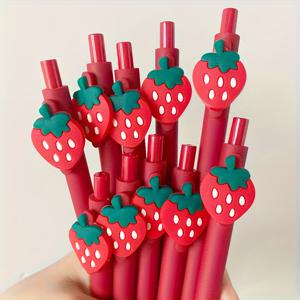 TEMU 달콤한 딸기 젤펜 10개 세트 - 0.5mm 극세필, 부드러운 필기감, 귀여운 빨간 딸기 디자인, 학교, 사무실, 다이어리, 선물용 | 귀여운 딸기 테마 문구류