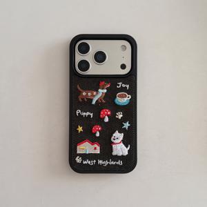 TEMU 폰 케이스: 패션 캐주얼 블랙 데님 자수 시리즈 재미있는 카툰 자수 강아지 버섯집 커피 고품질 풀커버 폰 케이스, 17 Pro/16/15 Pro Max/14/13 호환|폰케이스