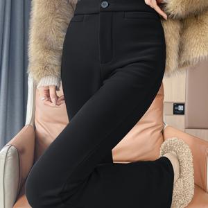 TEMU 하이웨이스트 슬림핏 신축성 좋은 블랙 레이스 패치워크 플레어 팬츠, 가을/겨울용 두꺼운 보온감, 다리 길이감 연출 디자인