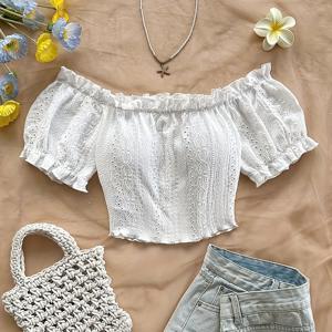 TEMU 플로럴 오프숄더 크롭 탑 | 우아한 여름 바캉스 및 파티룩, 버블 소매, 백리스 디자인|크롭티