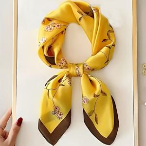 TEMU 1개 노란색 정사각형 100% 뽕나무 실크 스카프, 우아한 꽃무늬, 통기성 및 자외선 차단, 발렌타인데이 외출 및 비즈니스 이벤트에 이상적|스카프