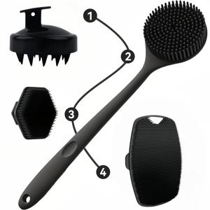 TEMU 새로운 4종 실리콘 목욕 브러쉬 세트, 두피 마사지 브러쉬, 롱핸들 목욕 브러쉬, 페이셜 클렌징 브러쉬, 바디 스크럽 브러쉬 포함