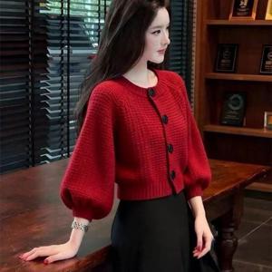 TEMU 새해 셔츠 빨간 랜턴 소매 스웨터 가디건 여성용 루즈핏 게으른 스타일 숏 코트 탑