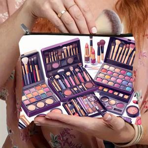 TEMU 1개 메이크업 파우치, 메이크업 팔레트, 브러쉬, 립스틱, 아이섀도우, 파운데이션, 블러셔, 루스 파우더 패턴. 가볍고 접이식, 지퍼형 메이크업 파우치, 세탁 가능, 휴대용 보관 | 우아한 액세서리 | 지퍼 잠금, 소형 메이크업 파우치