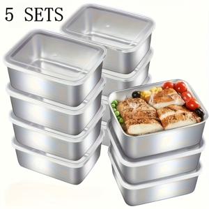 TEMU 스테인리스 스틸 식품 보관 용기 세트 5/10/12pcs, 투명 뚜껑 포함, 주방 도구 세트, 도시락 용기, 식사 준비 및 야외 피크닉에 적합, 다양한 식품 냉장고 보관, 필수 식품 용품, 식품 보관 용기, 포장 박스