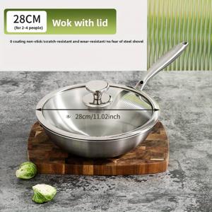 TEMU 칼리버 26cm/28cm/30cm-304 스테인리스 스틸 프라이팬 뚜껑 포함, 중국산 헤비듀티 프라이팬, 주방용 볶음요리, 오믈렛, 스테이크 튀김 등에 적합, 인덕션 사용 가능, 실버 컬러, 브러시드 표면