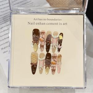 TEMU 핸드메이드 웨어러블 네일 - 요요 롱 드롭 아몬드/슈 네일 발레 핑크 & 브라운 캣아이 네일 아트, 광택감 있는 핸드메이드 네일 강화, 댄스 파티, 데일리 웨어 & 테마 이벤트용|네일아트|네일팁