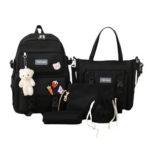 TEMU 새로운 패션 컬러블록 멀티 기능 학교 백팩 세트, 가볍고 대용량 캠퍼스 백팩 (랜덤 디자인) 곰 펜던트 뱃지 포함|백팩