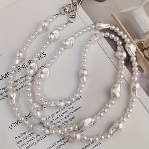 TEMU 우아한 멀티 스트랜드 진주 폰 체인 - 시크한 크로스바디 & 숄더백 스트랩, 광택 있는 비즈, 튼튼한 방탄 액세서리, 스타일리시한 의상에 완벽, 폰 스트랩