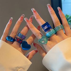 TEMU 핸드메이드 빈티지 블루 멀티 주얼리 반지 - 귀여운 결점과 색상 변화가 있는 8개입, 데일리웨어 및 사계절용 핸드메이드 반지 (도금 없음) - 의상용 블루 시리즈 하트 반지, 선물용