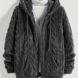 TEMU 남성용 따뜻한 양면 플리스 자카드 후드 캐주얼 긴팔 코트