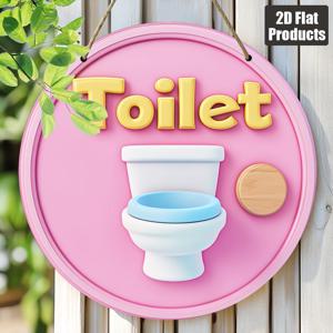 TEMU 2D 플랫, 1개 2D 플랫 화장실 표지판 - 핑크 배경에 흰색 & 파란색 변기 일러스트가 있는 원형 목재 벽 장식, 홈, 카페, 바용 완벽한 인테리어 및 문 앞 장식, 휴지 장식 액세서리, 재미있는 디자인, 2D 플랫