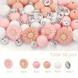 TEMU 다이제이 라인스톤 50개 세트 (12mm 원형 실리콘 비즈 24개, 다이제이 실리콘 포컬 비즈 2개, 10mm 반짝이는 라인스톤 스페이서 비즈 24개 포함), 팔찌, 펜, 키체인에 적합