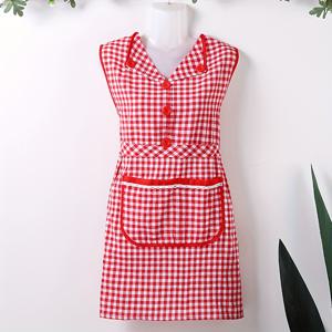 TEMU 1개 턴다운 칼라 앞치마, 홈 드레스 스타일 주방 요리 앞치마, 귀여운 패셔너블 체크무늬 텍스처 조끼 작업복