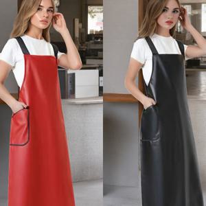TEMU 주머니가 있는 우아한 긴 길이 인조 가죽 앞치마 - 주방 요리, 바베큐, 정원, 공예에 완벽한 내구성, 쉽게 청소할 수 있는 다양한 색상으로 제공 - 가정, 레스토랑, 애완동물 관리 등에 이상적 - 주방 앞치마|우아한 앞치마|내구성 있는 앞치마