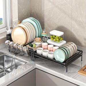 TEMU 주방 조리대용 확장형 식기 건조대 1개, 수저 홀더가 있는 대형 신축식 식기 건조대, 다기능 조절식 식기 건조 물빼기대, 블랙 앤 화이트|식기건조대|식기건조기