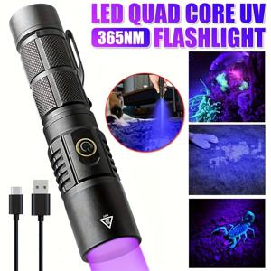 TEMU 30W LED 365nm 고출력 UV 플래시라이트, USB 충전식 고휘도, 애완동물 소변 얼룩, 형광 검출, 통화 확인, 수지 경화, 전갈 사냥용 UV 전술 플래시라이트 탐지기