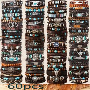 TEMU 36/42/48/60개 세트 해골 소 머리 남성 팔찌 | 인조 가죽, 아연 합금 펜던트, 합성 터키석, 비보석 금도금, 데일리 착용, 선물, 크리스마스, 할로윈에 적합