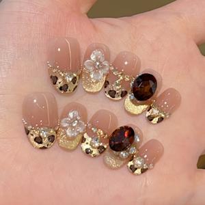 TEMU 10개 세트 핸드메이드 프레스 네일 - 가을/겨울용 숏 오벌 프렌치 팁 캣아이 브라운 & 블러쉬 파우더 글리터, 핸드/네일 드릴링 DIY 매니큐어/페디큐어 (골든 & 브라운)|네일팁