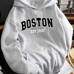 TEMU 보스턴 레터 프린트 남성 패션 후드 스웨트셔츠, 레귤러 핏, 후드 칼라 스타일, 솔리드 컬러 그래픽 프린트, 캐주얼 긴팔 풀오버