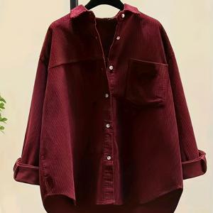 TEMU 여성용 코듀로이 셔츠, 캐주얼 버튼업, 레이어드 스타일, 루즈핏, 통기성 소재, 긴 소매, 봄, 가을, 겨울용 다용도 버튼업 탑, 여성 패션, 오피스 캐주얼