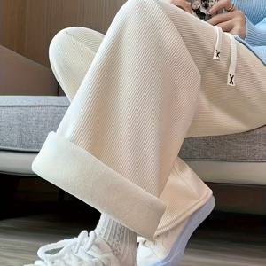 TEMU 1개, 여성용 겨울용 보온 바지 - 코듀로이 와이드 레그 트라우저, 탄성 허리 밴드 및 드로스트링 디자인, 하이웨이스트 풀 레인지 레깅스, 캐주얼 스타일 (포켓 없음) - 한국 스타일 겨울 바지 (손세탁)|냉장고바지|바지|여성의류