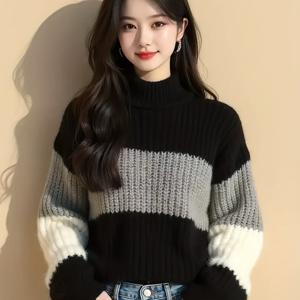 TEMU 한국인들이 자주 사는 랜턴 슬리브 하이넥 풀오버, 컬러 블록 긴팔 이지 스웨터, 여성 겨울 의류