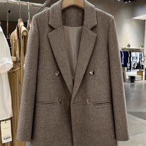 TEMU 라운지핏의 라이트 퍼플-그레이 텍스처 더블 브레스트 코트, 여성 직장인에게 적합