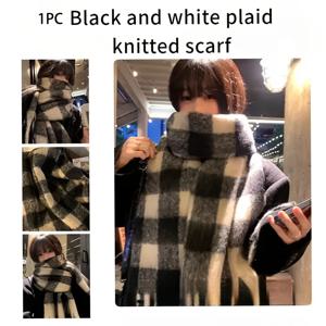 TEMU 우아한 영국 스타일 천 조각 그리드 스카프 쇼울 - 두꺼운 겨울용 목도리, 블랙/화이트/그레이/브라운 톤, 부드럽고 따뜻한 칼라, 추운 날씨에 적합, 세탁기 사용 가능한 코트 액세서리 (드라이클리닝 불가)