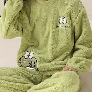 TEMU 여성용 그린 카툰 귀여운 개구리 파자마, 2025 가을/겨울 신상, 두꺼운 보온 라운지웨어 세트, 캐주얼 긴팔 상의 + 바지, 야외 착용 가능|잠옷|파자마