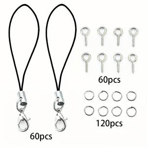 TEMU 120개/240개 블랙 랍스터 클로 폰 스트랩, 아이 핀, 오픈 점프 링 세트 - 브레이드 폰 체인, 가방 인형 펜던트 링, 장식 커넥터, 나일론 펜던트 코드, 랍스터 클로 폰 체인, 손목 스트랩, 매달기 장식 키체인 액세서리, 목걸이 팔찌 액세서리, 비즈 주얼리 재료 액세서리용|인형키링