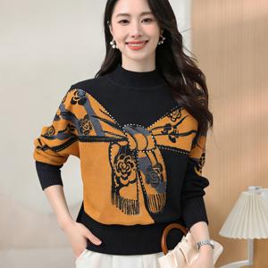 TEMU 여성용 우아한 풀오버 스웨터, 라인스톤 플로럴 패턴, 골지 하이넥, 긴소매, 대비되는 색상 디자인 - 스타일리시하고 핏감 좋음, 미국/유럽 스타일 팬에게 완벽