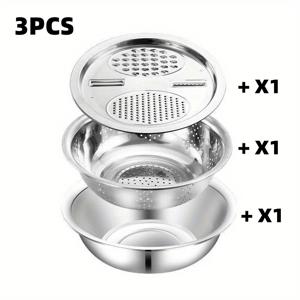 TEMU 3pcs 스테인리스 스틸 주방 세트 | 다기능 그라인더, 필터, 믹싱 볼 - 과일, 채소, 치즈 세척 및 슬라이싱에 적합 | 메탈, 안전, 데일리 사용에 완벽