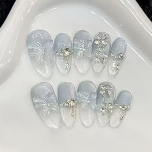 TEMU 그라데이션 미스티 블루 디자인의 반짝이는 다이아몬드가 특징인 유럽 및 미국 인스타 트렌드에서 영감을 받은 탈착식 3D 4잎 클로버 네일 스티커 10개 세트