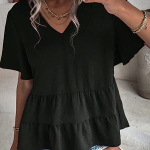 TEMU 여성용 우아한 V넥 러플 반팔 블라우스 - 100% 폴리에스터 경량 180gsm 솔리드 블랙 탑, 봄 여름 가을 캐주얼 & 포멀 웨어 세탁기 사용 가능
