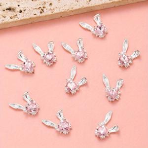 TEMU 10개 핑크 토끼 머리 라인스톤 네일 참 - 매니큐어 장식용 귀여운 토끼 디자인, 반짝이는 보석 악센트, 무취 네일 아트 액세서리
