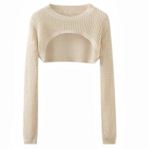 TEMU 여성용 의류, 캐주얼 롱 슬리브 크루 넥 커브 헴 탑, 헐로우 아웃 니트 크롭 풀오버