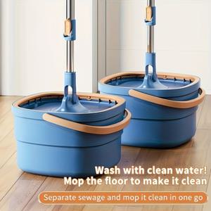 TEMU 파란색과 흰색 가정용 걸레 및 양동이 세트 (걸레 헤드 3개 포함), 핸즈프리 청소 걸레 및 양동이, 흡수성 바닥 청소 걸레, 건식 및 습식 사용 모두에 적합, 가정, 주방, 욕실 바닥에 이상적, 청소 용품, 청소 도구|물걸레청소기