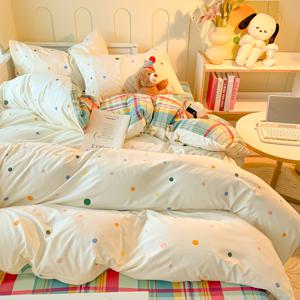 TEMU 3피스 플로럴 체크 침구 이불 커버 세트, 컬러풀 폴카 도트와 기하학 체크 패턴, 부드럽고 세탁기 사용 가능, 사계절 내내 사용 가능, 침실, 게스트룸에 이상적, 축제 선물로도 좋습니다