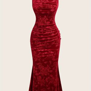 TEMU 여성용 우아한 롱 이브닝 가운 - 스퀘어 넥 머메이드 드레스, 고탄력 - 기장 포멀 웨딩 드레스, 세탁기 사용 가능 솔리드 컬러 여름 드레스, 프롬 갈라 코스튬