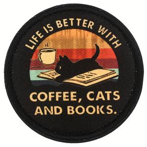 TEMU 커피와 책이 있는 삶은 더 좋아요 고양이 프린팅 패치, 백팩용 후크 루프 엠블럼 배지, 조끼, 헬멧, 의류 DIY 재봉 공예