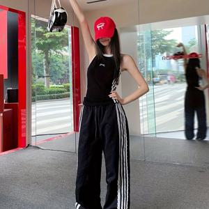 TEMU 여성용 레트로 레이스 와이드레그 캐주얼 팬츠 - 신축성 있는 끈 조절 허리, 고품질 폴리에스터, 흰색 줄무늬 블랙, 봄·여름·가을에 적합한 매끄러운 질감의 바지