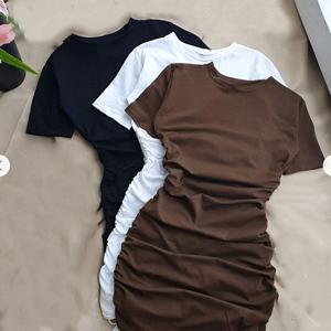 TEMU 3pcs 여성용 크루넥 드로스트링 티셔츠 원피스 세트 | 우아하고 시크한 솔리드 컬러 블랙, 화이트, 브라운 (봄/여름/가을)