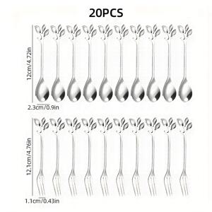 TEMU 20개 은색 포크와 스푼 세트입니다. 잎 모양의 커피 스푼과 디저트 포크가 특징이며, 스테인리스 스틸로 제작되었습니다. 이 우아한 잎 디자인 세트는 믹싱, 샐러드, 및 케이크에 적합하며 가정용, 파티에 이상적입니다.