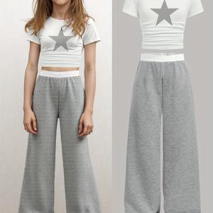 TEMU 여아용 솔리드 컬러 니트 반팔 상의와 대비색 허리 팬츠 세트, 봄·여름·가을 캐주얼 패션 긴바지 아동복, 야외 활동에 완벽한 키즈 의류