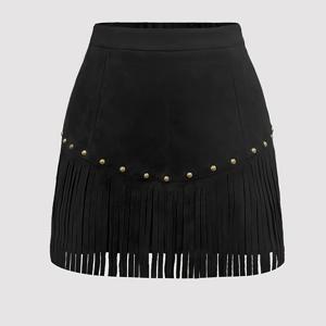 TEMU 여성용 레트로 히피 태슬 블랙 A라인 스커트 - 가을/겨울 캐주얼 짧은 길이 골드톤 스터드 장식, 일반 핏, 나틀 스타일에 완벽한 나틀 스커트 | 레트로 히피 스타일